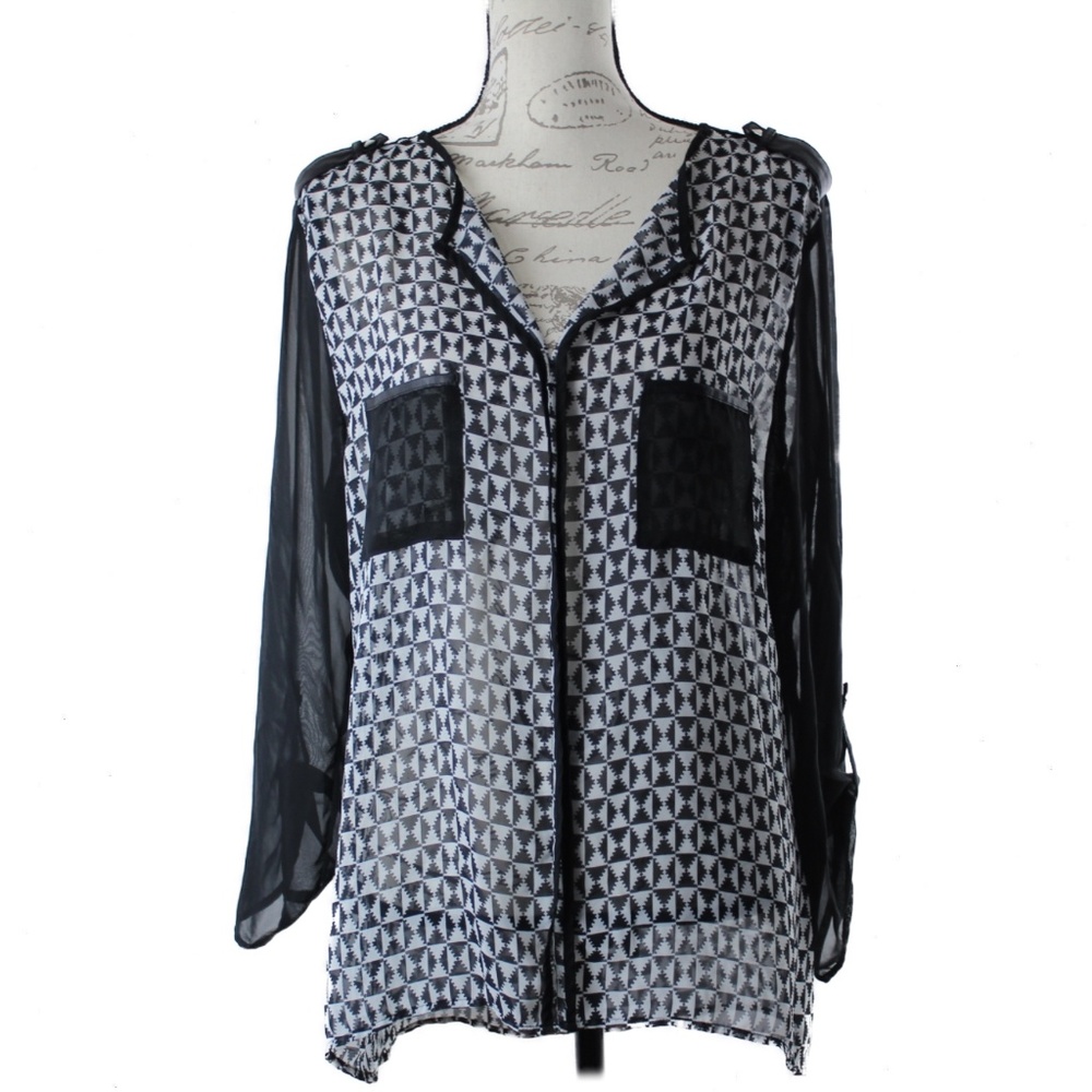 Preppy Boho Sheer BlackWhite Blouse Top Tunic L XL